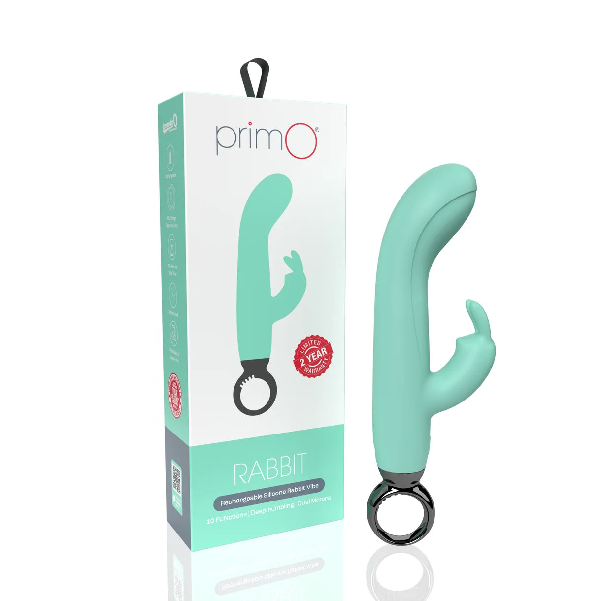 green vibrator with clitoral stimulator beside box packaging