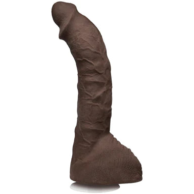 a large black detailed penis shaped dildo with balls and a detachable suction cup base. It has a curved tip.