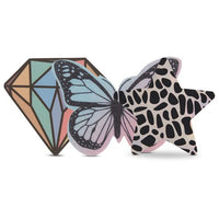 Three colorful diamond, butterfly and star pasties on a white background