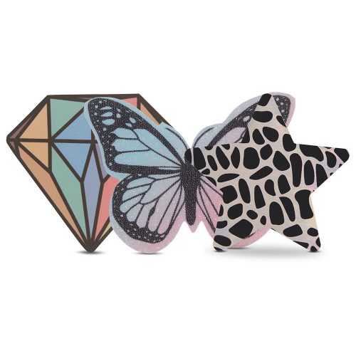 Three colorful diamond, butterfly and star pasties on a white background