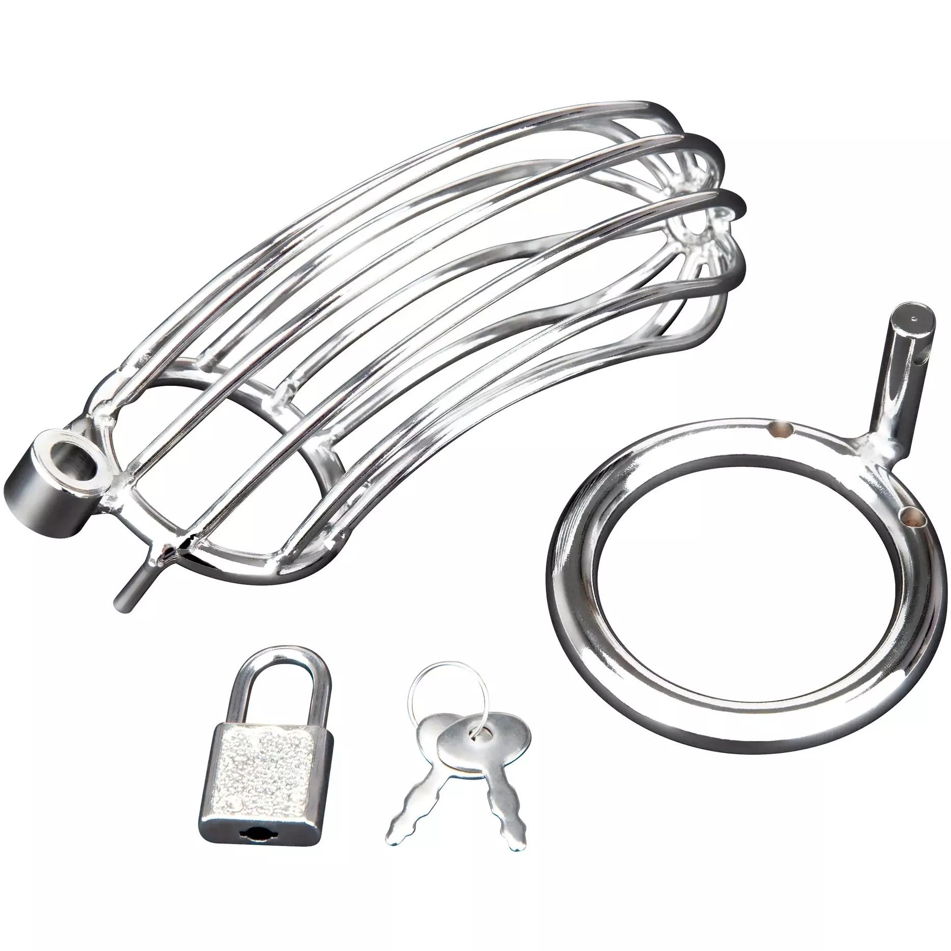 Image shows the silver cock cage disassembled. There is a penis shaped cage with silver bars that run from the base to the tip of the penis, a silver bar, a silver lock and two silver keys.
