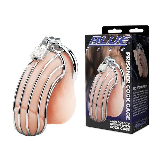 Blue packaging with the silver cock cage on the front. The silver cock cage has a silver ring with a silver lock on the top. The penis cage has silver bars that run from the base of the penis to the tip of the penis.
