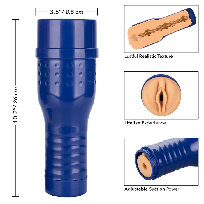 Image shows the internal texture for the beige masturbator with a vaginal opening and a hard blue shell 