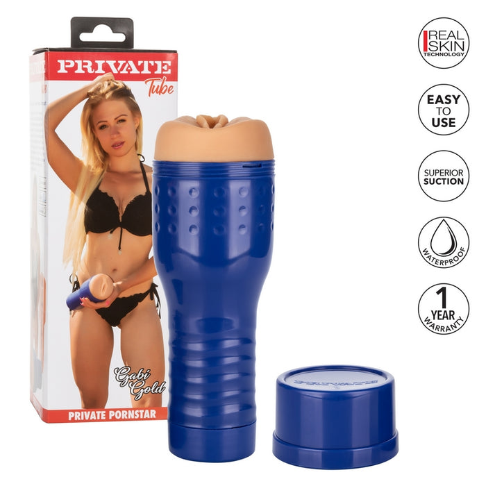 White and red packaging with blonde Gabi Gold posing on the cover in a black bra and panties. Next to her is the beige male masturbator with a vaginal opening, a hard blue shell and a twistable cap 