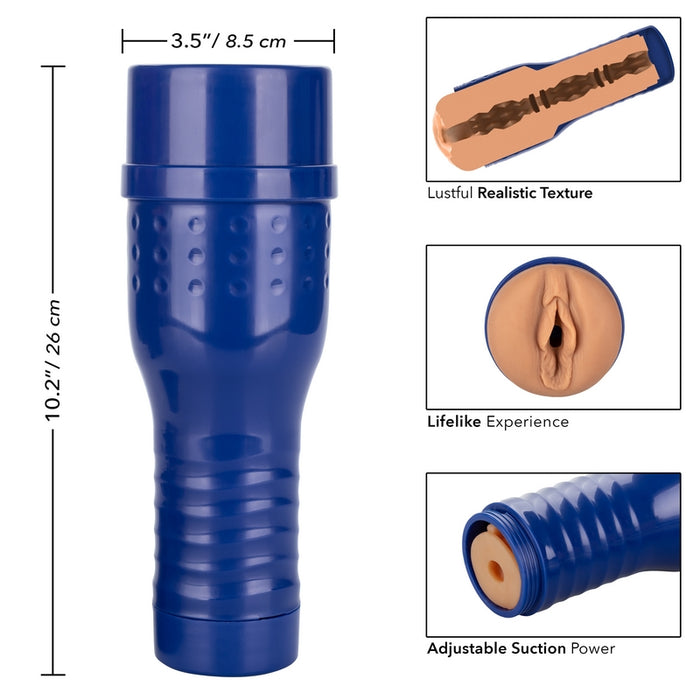 Image shows the internal texture of the beige masturbator with a vaginal opening, a hard blue shell and a twistable cap 
