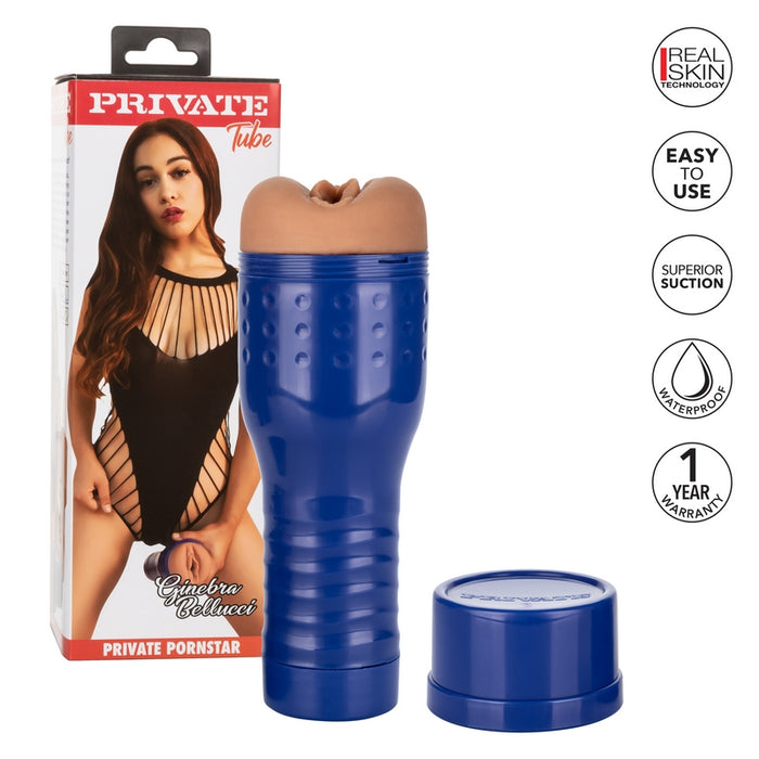 White and red packaging with a black haired Ginebra Bellucci posing in the front in a black one piece. The beige masturbator with a vaginal opening, a hard blue shell and a twistable cap beside her 