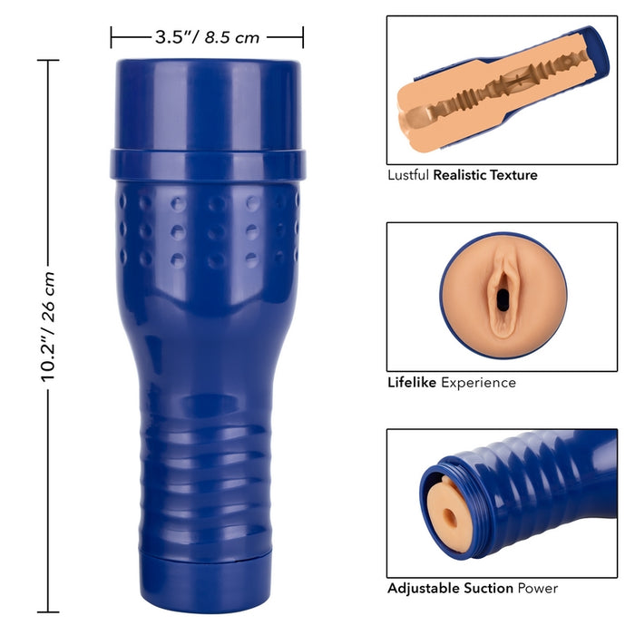 Image shows the internal texture of the beige masturbator with a vaginal opening, a blue hard shell and a twistable cap 