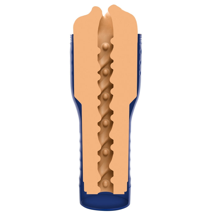 Image shows the internal texture for the beige masturbator with a mouth opening 