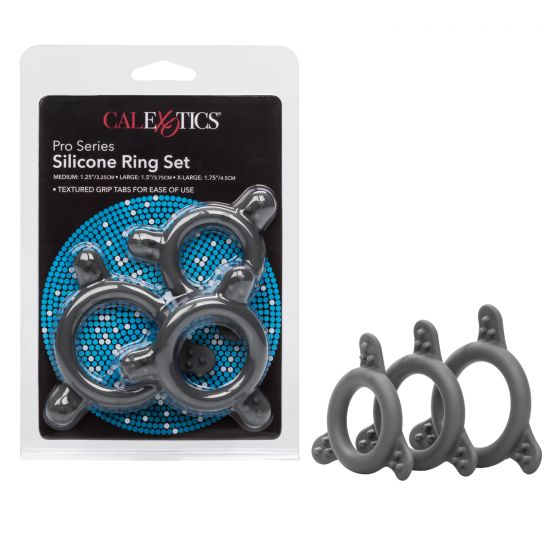 cal exotics clear package with a 3 pack of silicone cock rings with textured easy grip tabs