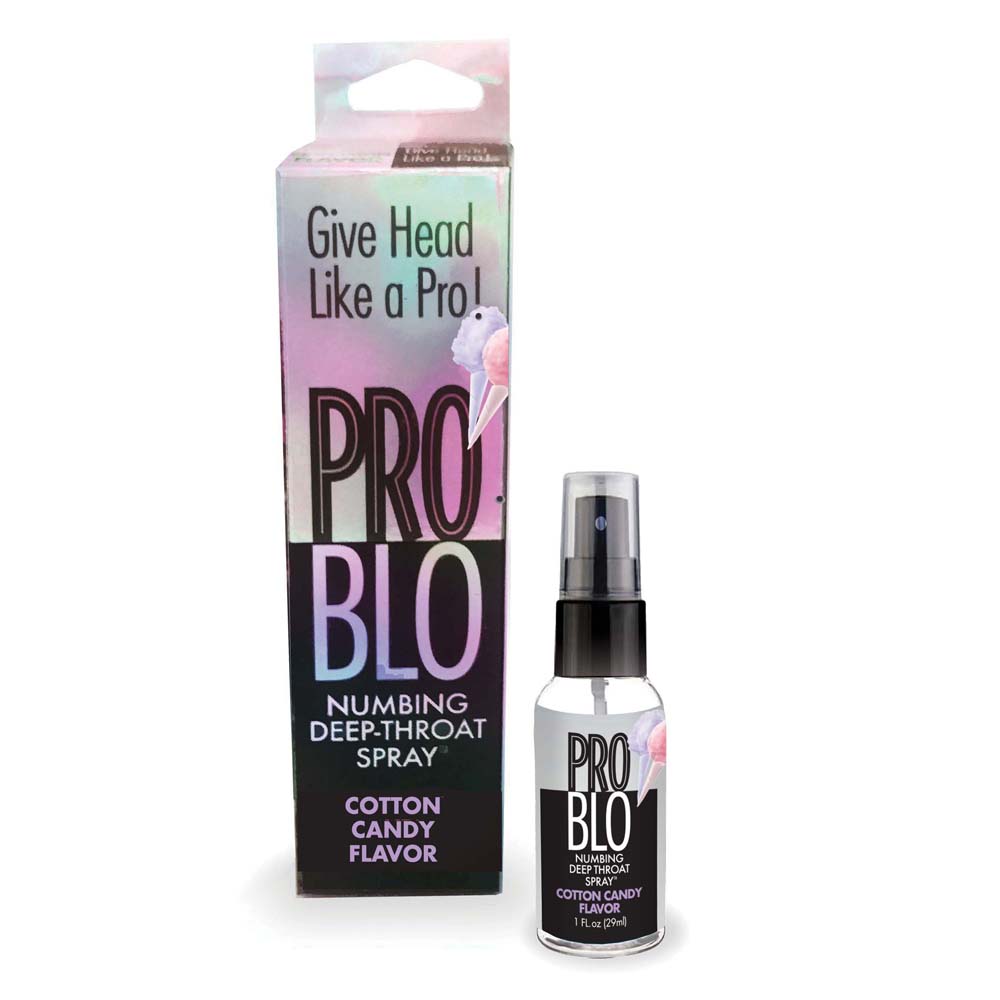 Problo cotton candy flavored deep throat numbing spray. Featuring a 1oz spray bottle beside packaging