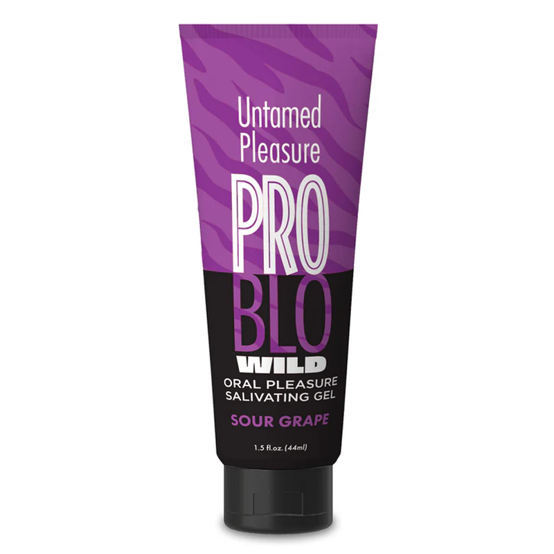 Problo wild untamed pleasure oral pleasure salivating gel sour grape flavored featuring 1.5oz tube with swinging lid.