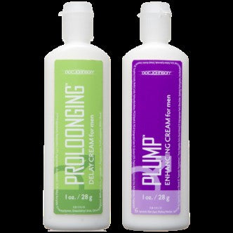 a container that is white and green containing proloonging and the other container of white and purple containing plump for men