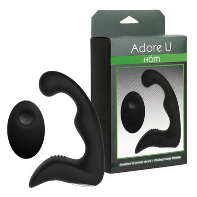 Black silicone prostate stimulator with remote  with packaging labeled 'Adore U Hom' on a white background