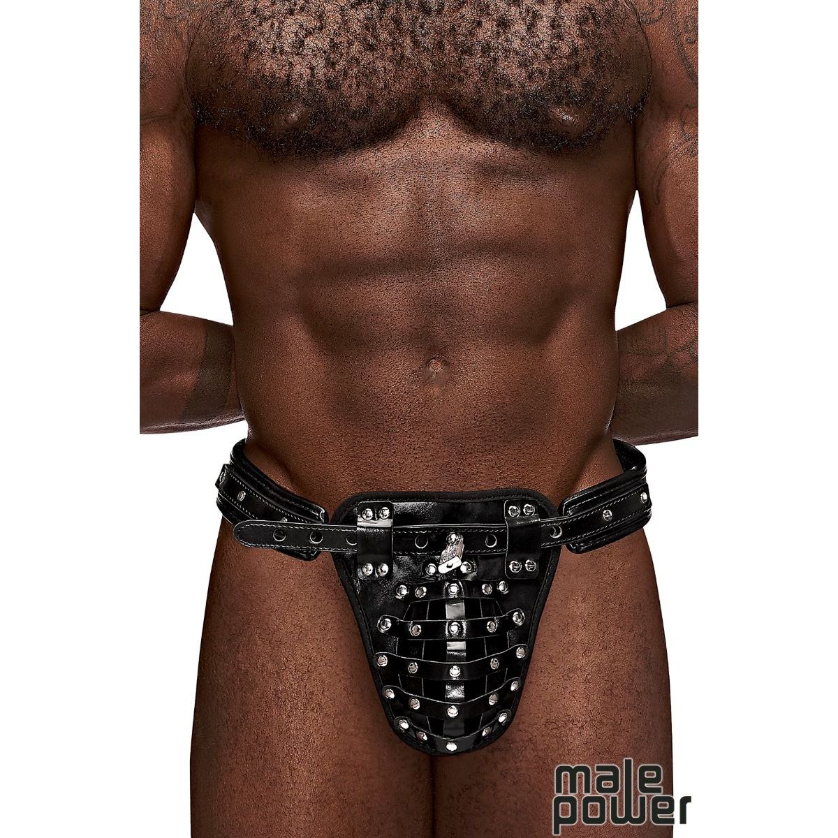 Soft nubuck split leather thong with a durable polyurethane coating featuring a functional padlock cage pouch, a thick padded waistband and an adjustable belt buckle back strap and a ring.
