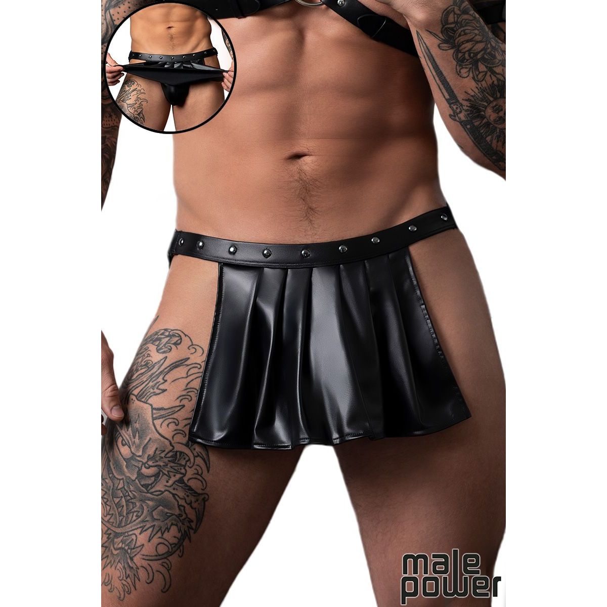male wearing pu leather jock strap skirt