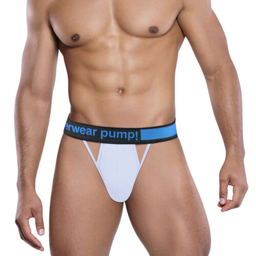 Man wearing a white jockstrap with a blue waistband and 'Jockstrap Pump!' branding.