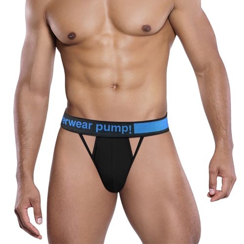 Man wearing black men's underwear with blue waistband on a white background