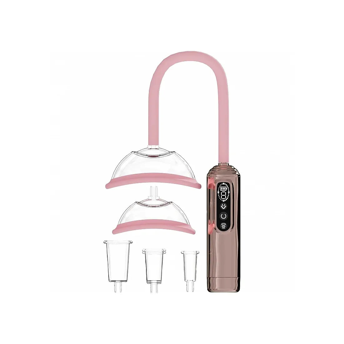 Pink and rose gold silicone breast & vulva device with two clear silicone cups, two clear feeding nipples, and a digital control unit on a white background.