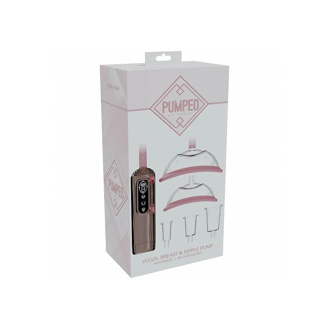 Pumped  Vuvla Breast & Nipple Pump kit in its original retail packaging, featuring a rose gold device and accessories illustrated on the box.
