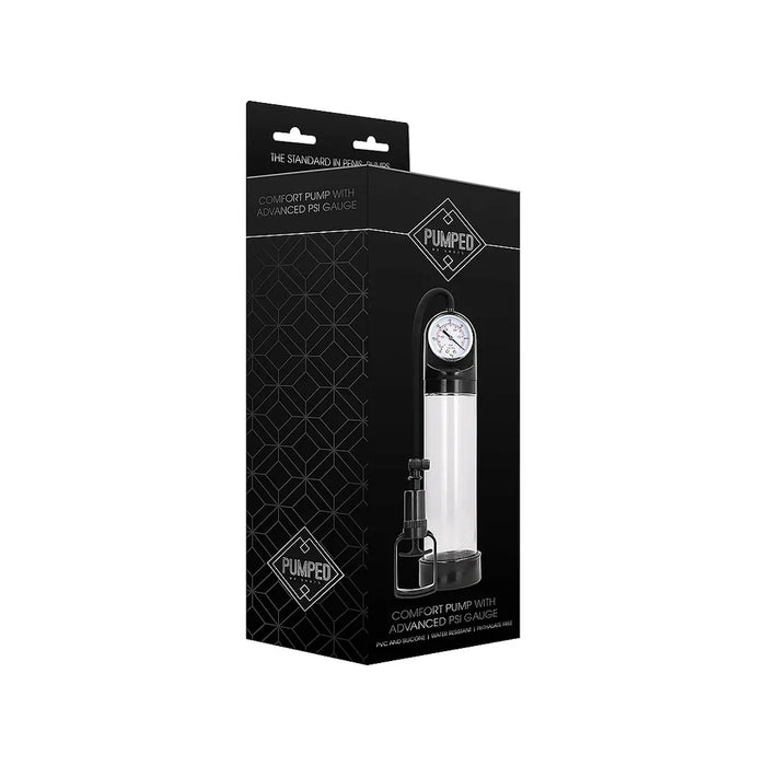 pumped comfort penis pump with advanced psi guage in clear