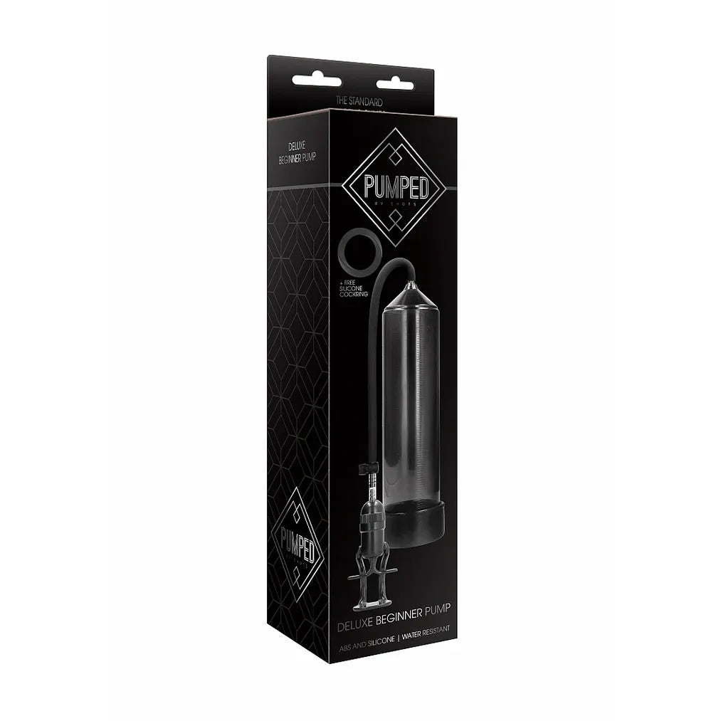 pumped deluxe beginner penis pump in black on box packaging
