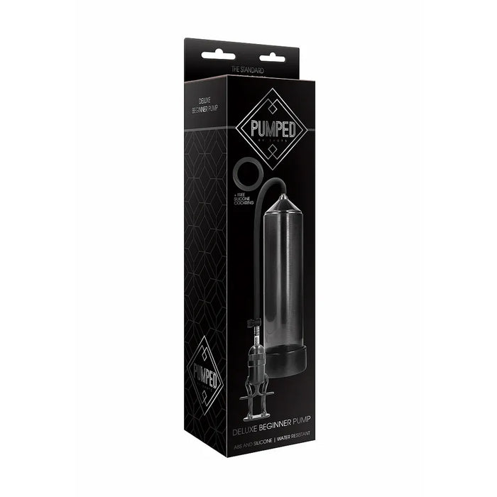 pumped deluxe beginner penis pump in black on box packaging