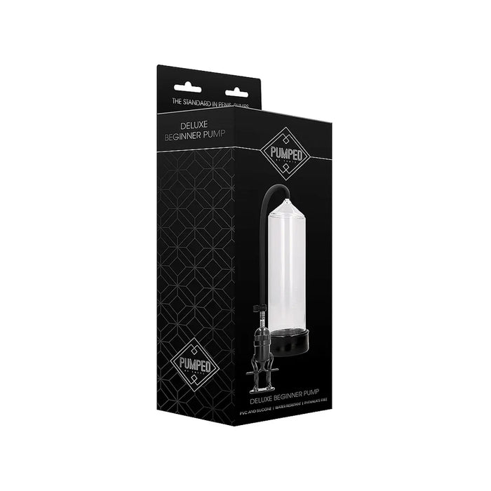 pumped deluxe beginner penis pump in clear on box packaging