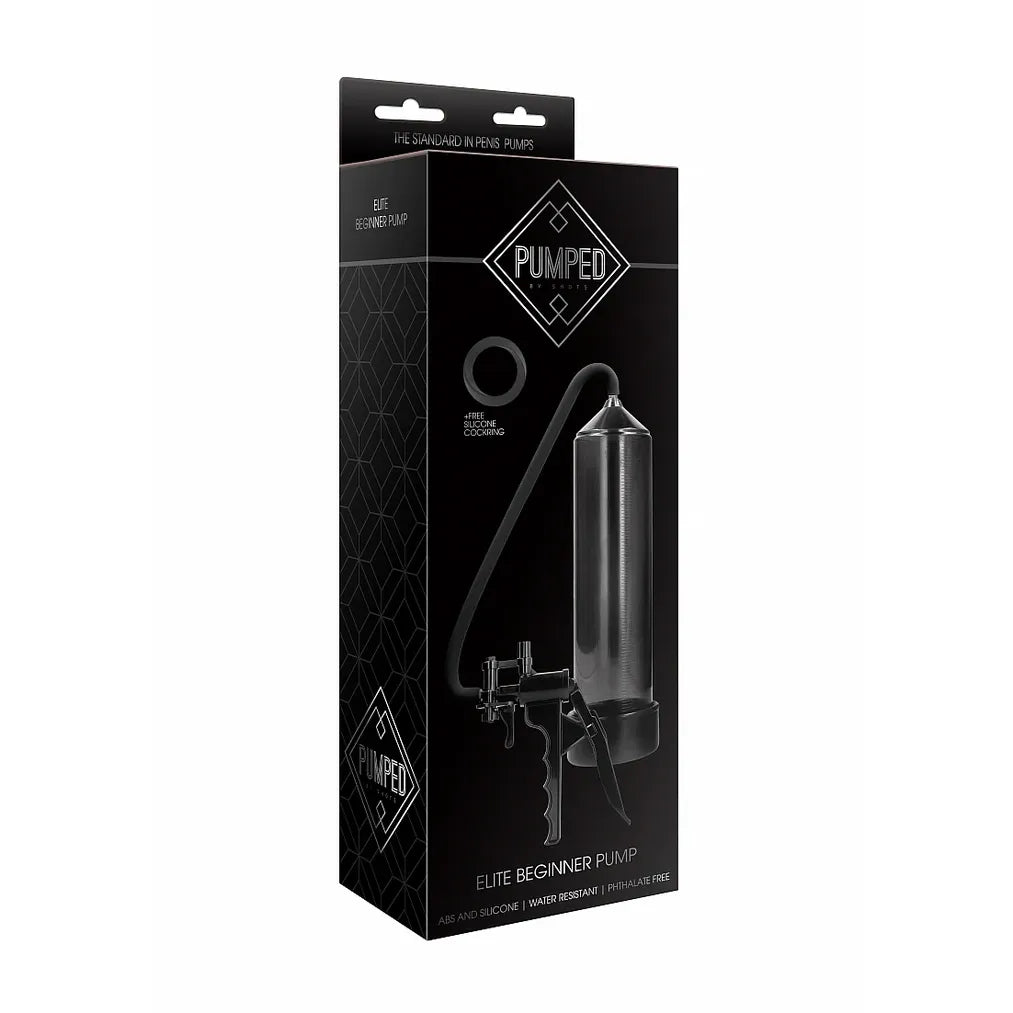 pumped elite beginner penis pump black on box packaging