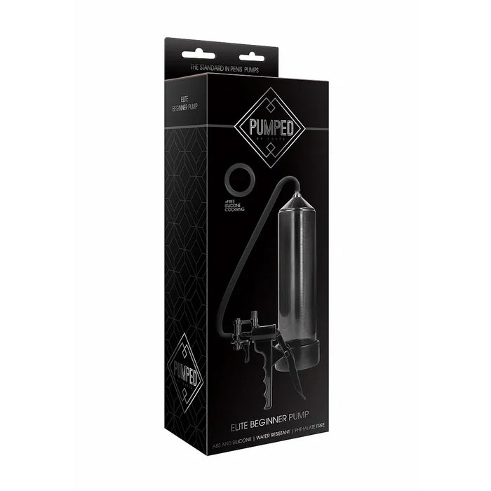 pumped elite beginner penis pump black on box packaging