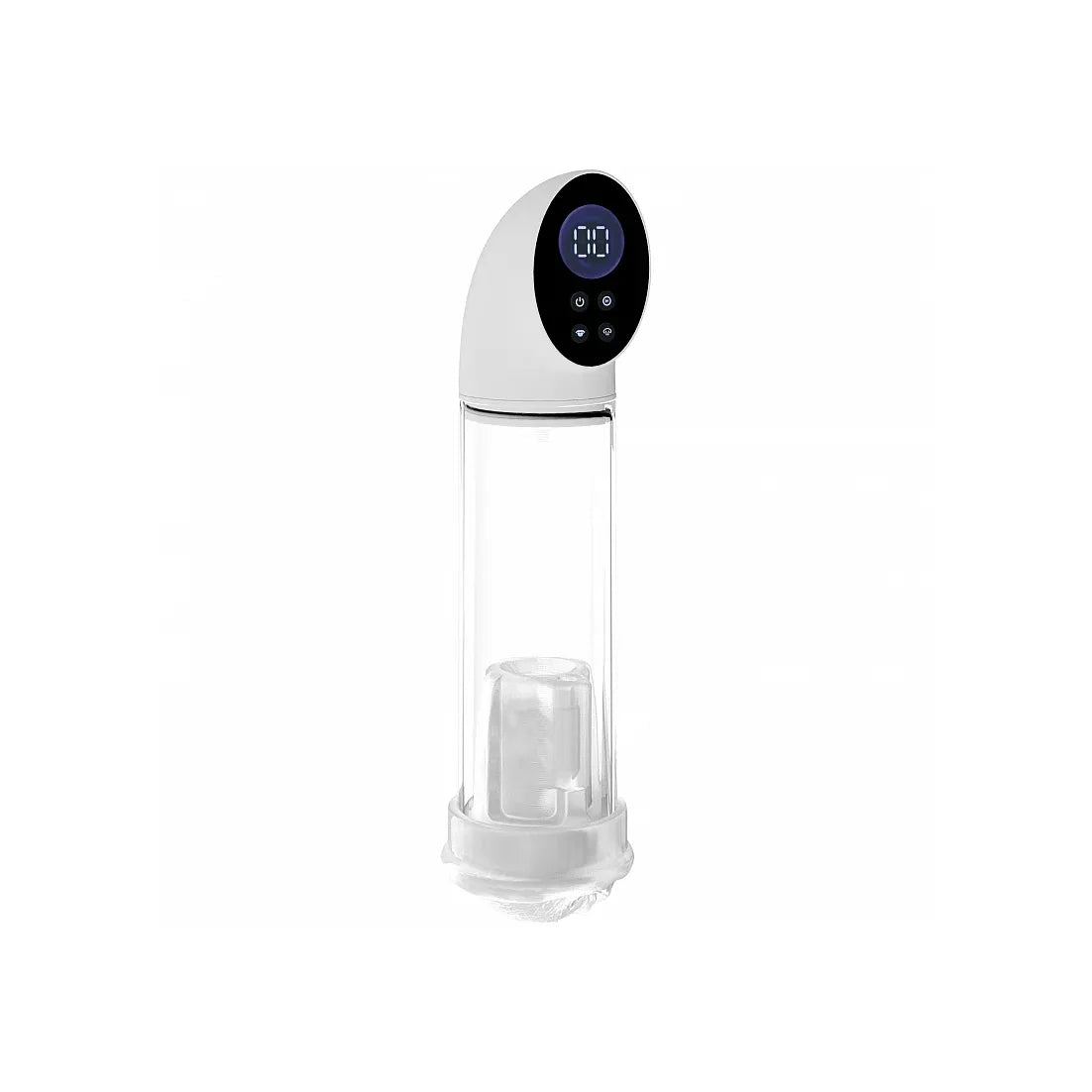 A hyperscope penis pump with a white and clear design, featuring a digital display screen on the top cap, set against a plain white background.