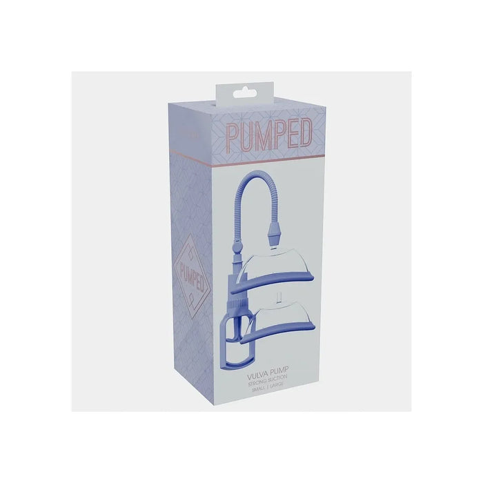 The retail packaging box for the PUMPED VULVA PUMP manual pump, featuring a light blue and white design with a graphic of the blue and clear pump device.