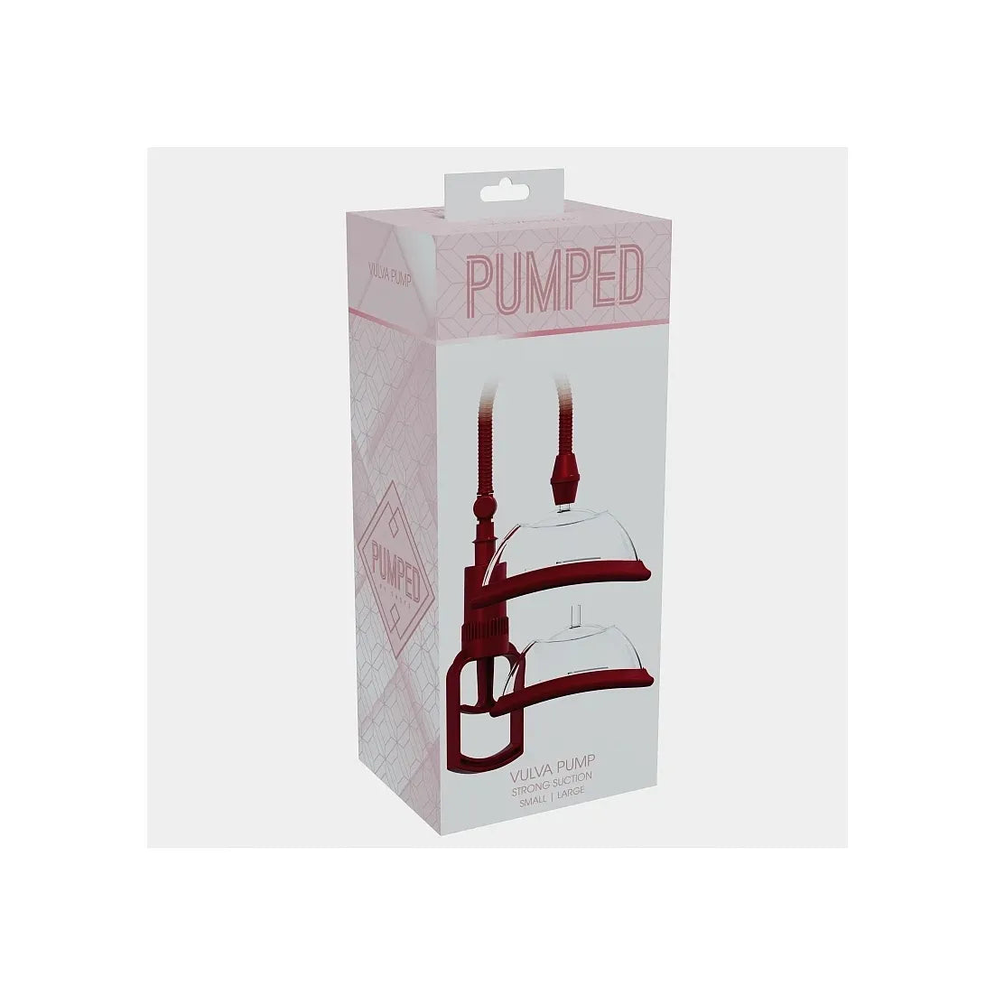Pumped Vulva Pump silicone suction device in its original retail packaging, featuring a white box with pink accents and a graphic of the dark red and clear silicone pump.