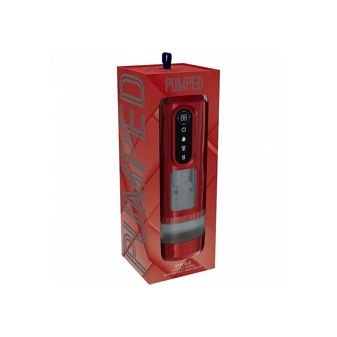 A red PUMPED personal penis pump shown in its retail packaging box against a white background.