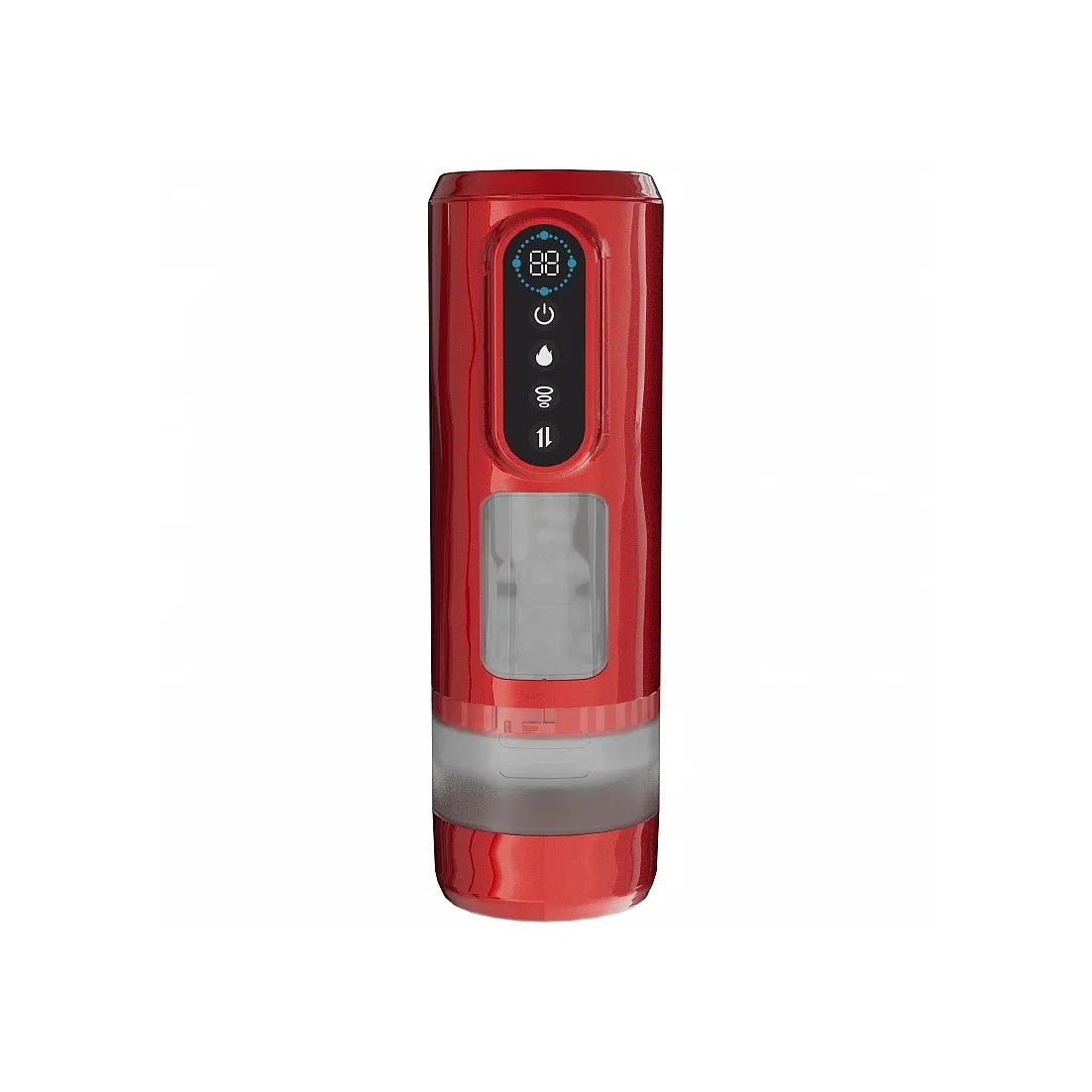 A red portable automatic penis pump with a digital display screen showing 88 degrees and icons for power, water level, and temperature, set against a plain white background.