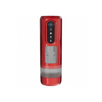 A red portable automatic penis pump with a digital display screen showing 88 degrees and icons for power, water level, and temperature, set against a plain white background.