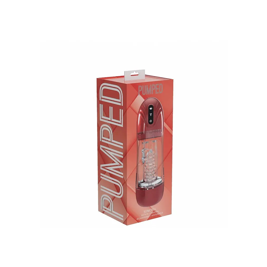 pumped sucking and vibrating masturbator in red, on white background