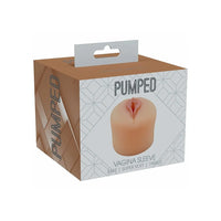 Pumped Vagina Sleeve product packaging box, featuring a peach-colored silicone sleeve pictured on the front panel alongside the brand name 'PUMPED' and product type text.