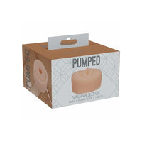 Pumped Vagina Sleeve packaging box, featuring a brown and white design with a photo of the beige silicone sleeve on the front.