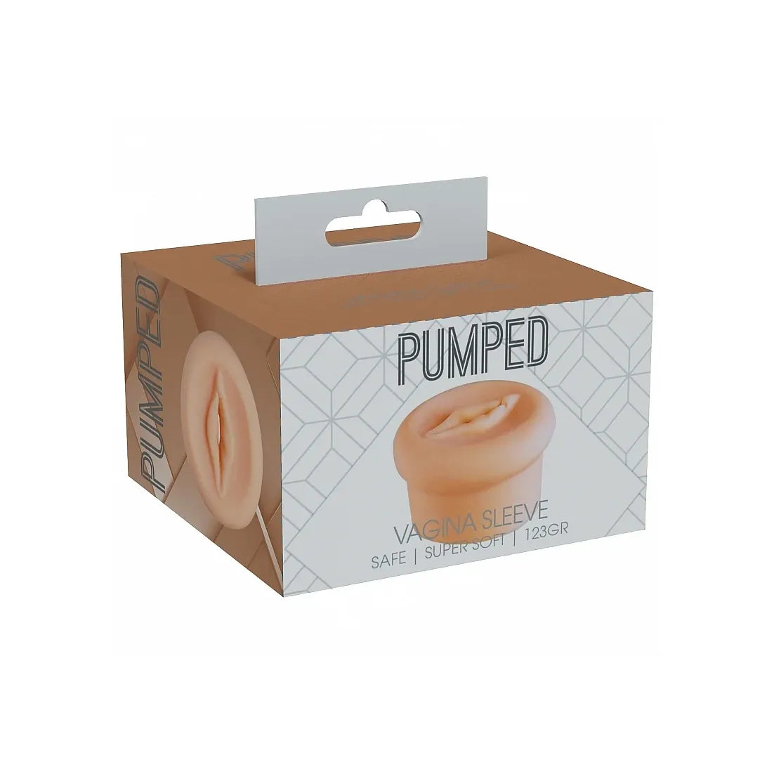 Pumped Vagina Sleeve packaging box, featuring a brown and white design with a photo of the flesh-toned silicone sleeve and a hanging tab at the top.