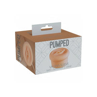 Pumped Vagina Sleeve packaging box, featuring a brown and white design with a photo of the flesh-toned silicone sleeve and a hanging tab at the top.