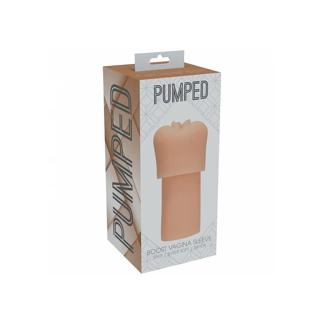 Pumped Boost Vagina Sleeve in its retail packaging, showing a peach-colored sleeve depicted on the front of the box.