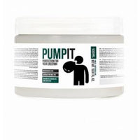clear container with white lid, white label on container that says pumpit