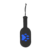black vegan leather round paddle with puppy paw print in blue 