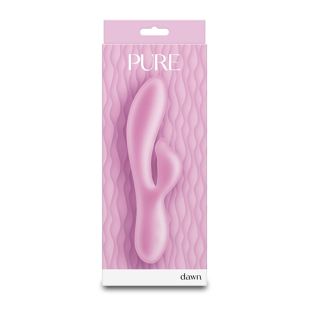 Pink vibrator with pink packaging with a wavy pattern and 'PURE' branding on a white background