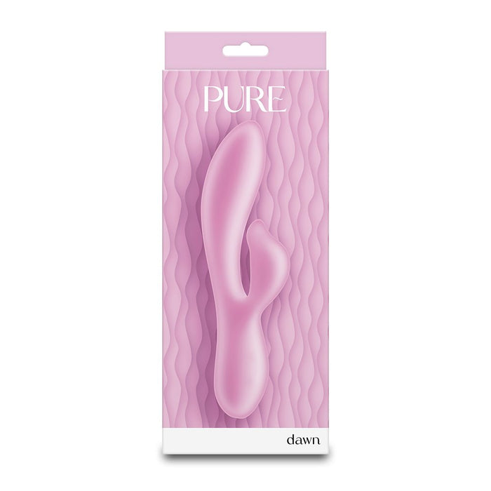 Pink vibrator with pink packaging with a wavy pattern and 'PURE' branding on a white background