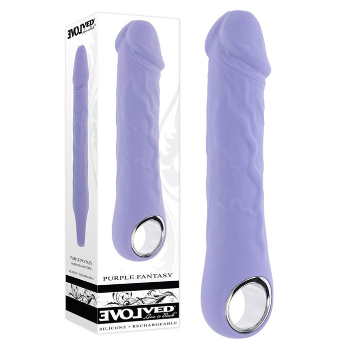 penis shaped head with vanes, purple with finger ring holder vibrator beside display box