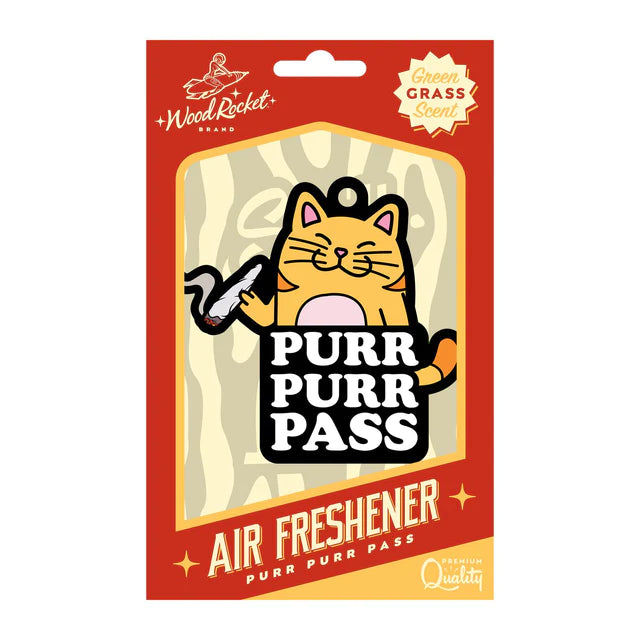 Packaging of 'Purr Purr Pass' cardboard paper air freshener with a cat illustration, green grass scent, and product information.