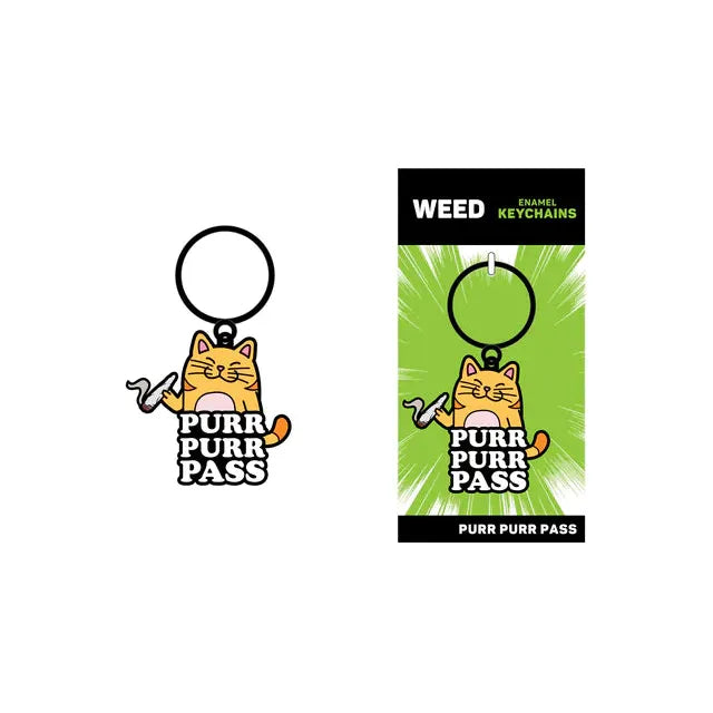 The image shows a keychain with a cartoon cat design and the text 'Purr Purr Pass' on it, presented next to its packaging which has similar design elements.