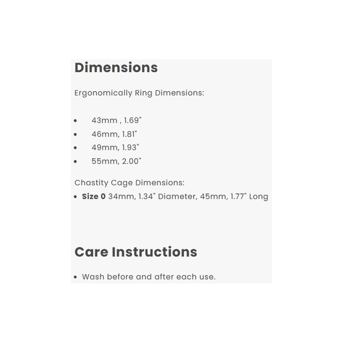 Product dimensions and care instructions on a white background