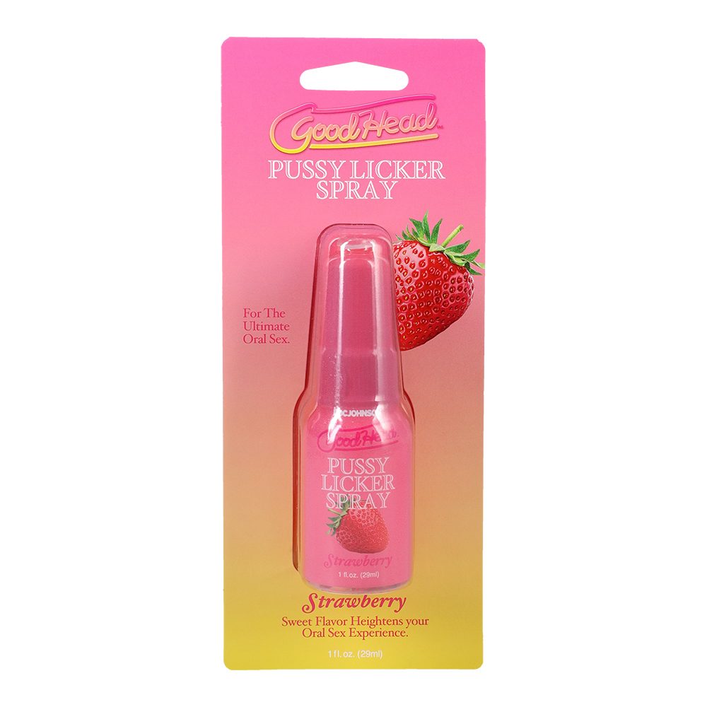 Package of GoodHead Pussy Licker Spray with strawberry flavor on a pink and yellow gradient background